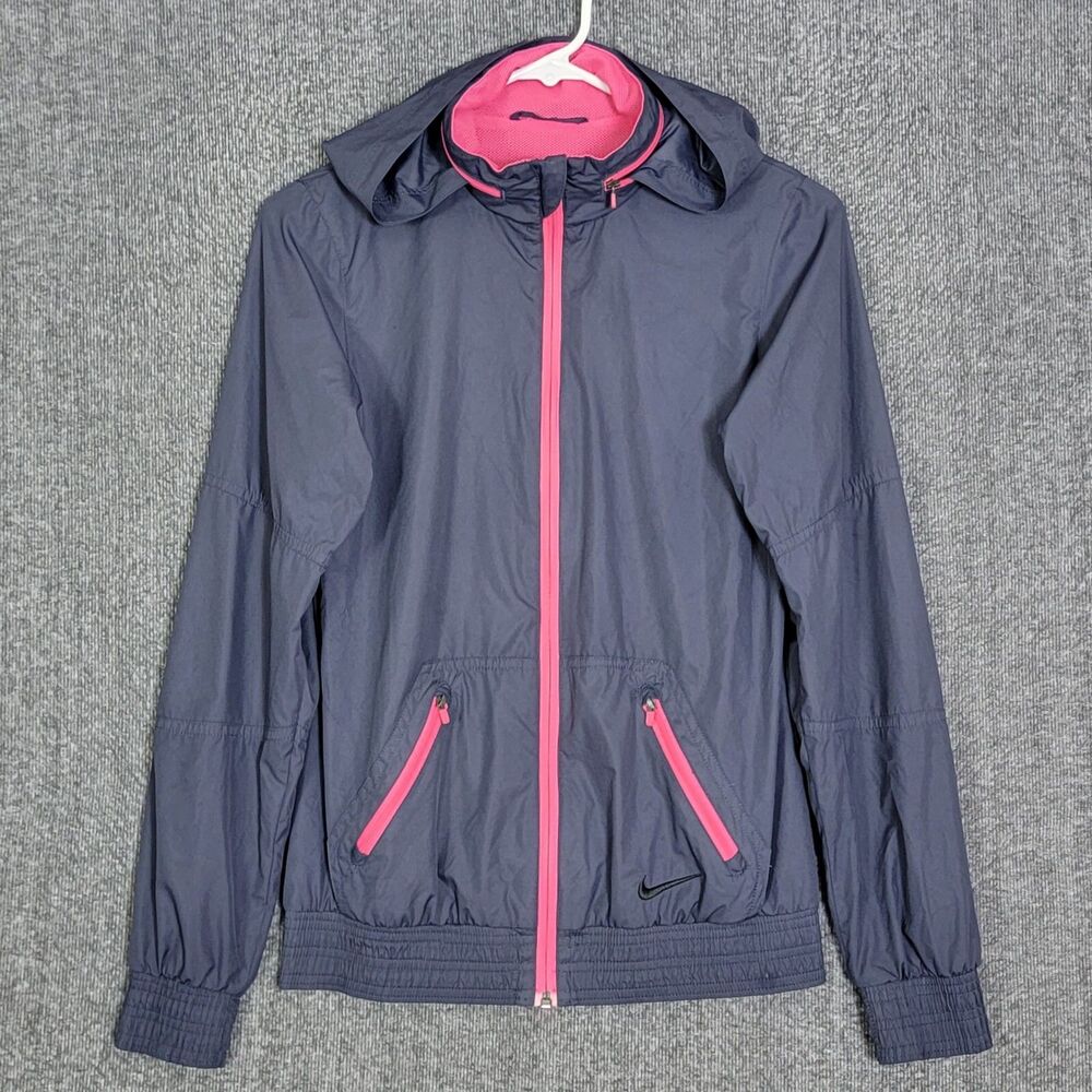 Nike Jacket Womens XS Gridiron Gray Pink Full Zip Mesh Lined Windbreaker Hoodie